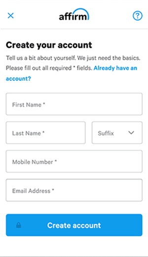 A screenshot showing a form to create an Affirm account with fields for first name, last name, mobile number, and email address, indicating the next step in continuing a booking process.