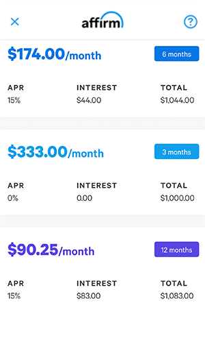 The image displays three payment plan options with Affirm, showing monthly payment amounts, terms, APR, interest, and total payment amounts, to choose a preferred payment schedule for purchases.