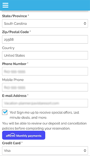 A screenshot of the Guest Information Page from a hotel booking process, filled with fields for state, zip code, country, phone, mobile, and email, with options to receive special offers and to choose credit card payment.