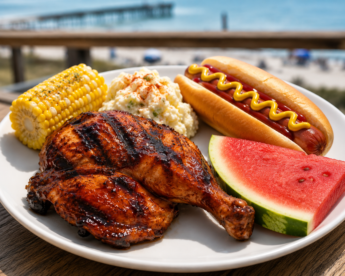 plate of bbq chicken with corn on the cob and baked beans