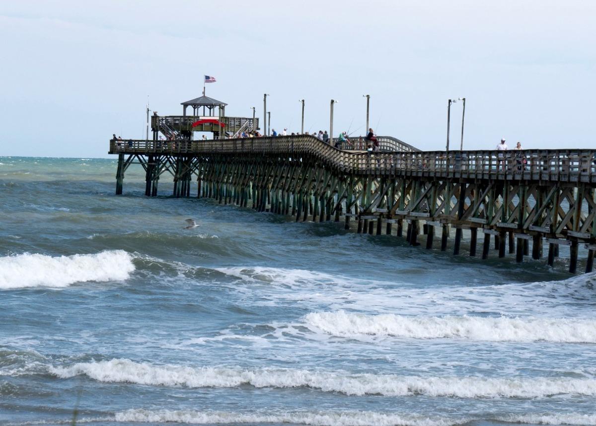 an angle view of the cherry grove fishing pier in north myrtle beach