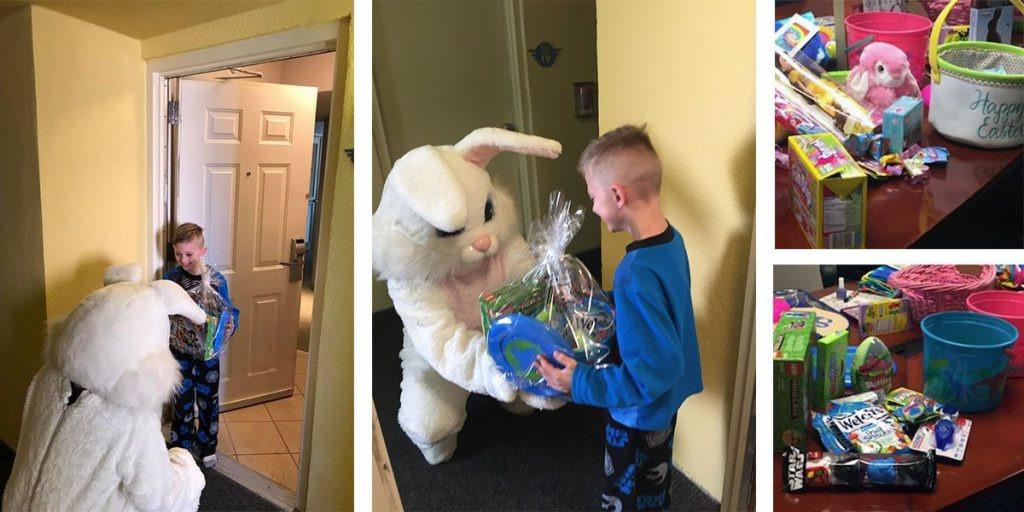 easter bunny delivering an easter basket to a young boy. Showing what is in the baskets