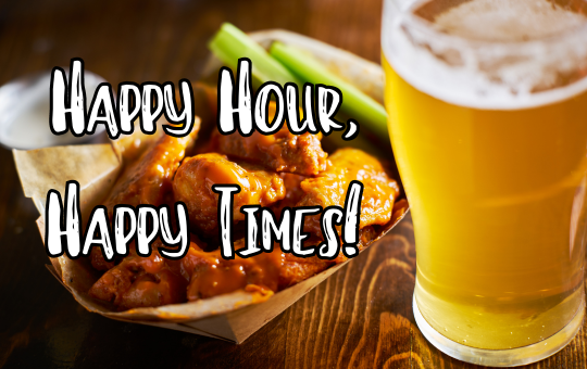 A glass of frothy beer beside a plate of buffalo wings with celery, captioned 