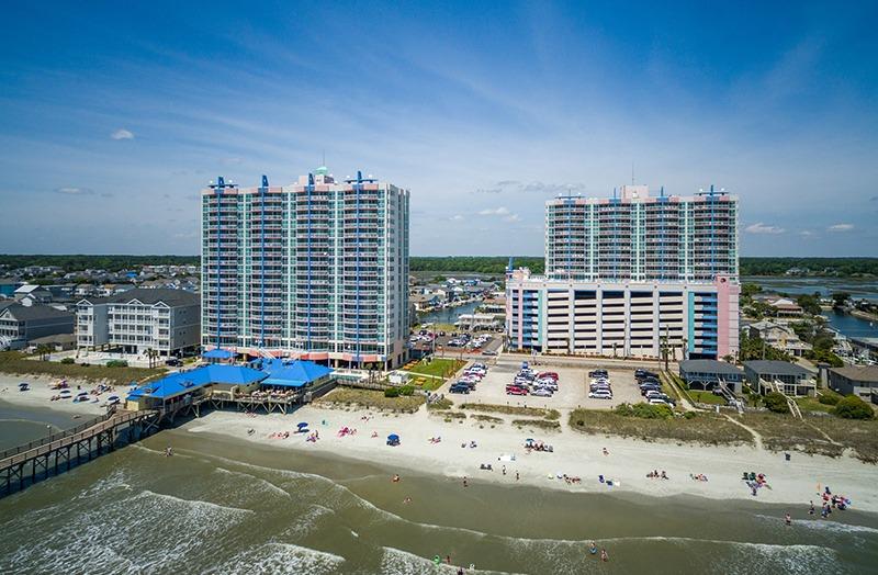 Aerial view of Prince Resort and the Cherry Grove Pier along the North Myrtle Beach coast