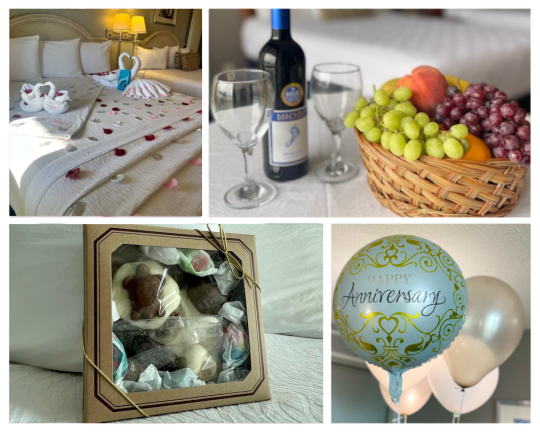 collage of 4 images showing a rosepetal turndown service, bottle of wine and wineglasses, anniversary balloons and a box of chocolates